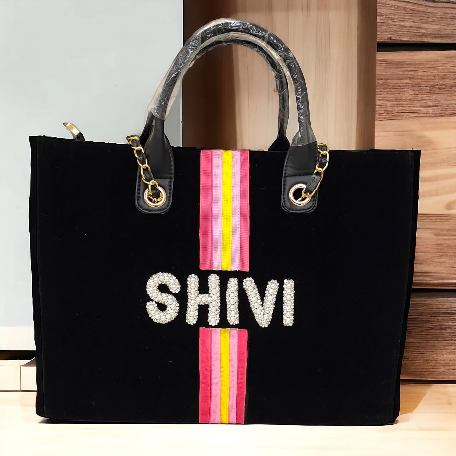 Nivel Black Premium Customised Tote Bag with Pink & Yellow Stripes