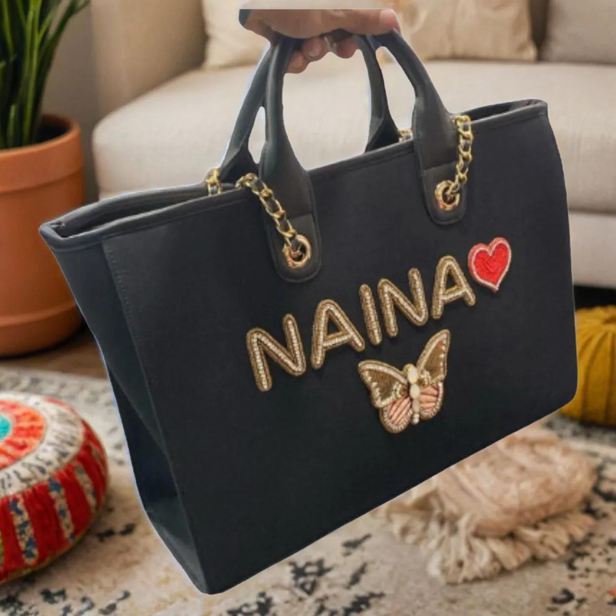 Nivel Premium Canvas Customised Tote Bag For Women (Black/Beige)