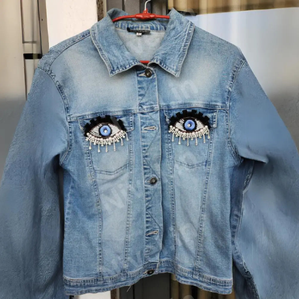 Women’s Blue Denim Jacket With Evil Eye Sequence Beads Work By Nivel Bags