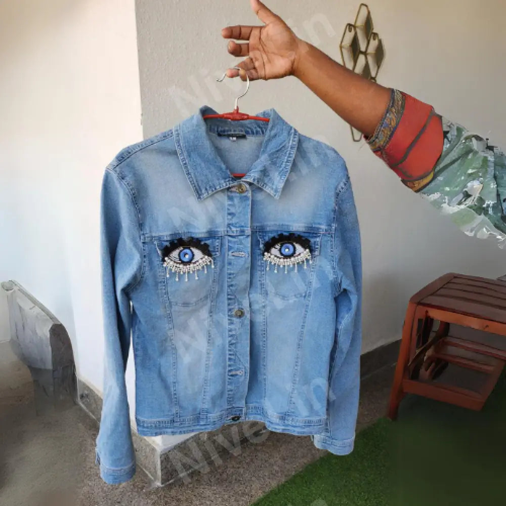 Women’s Blue Denim Jacket With Evil Eye Sequence Beads Work By Nivel Bags