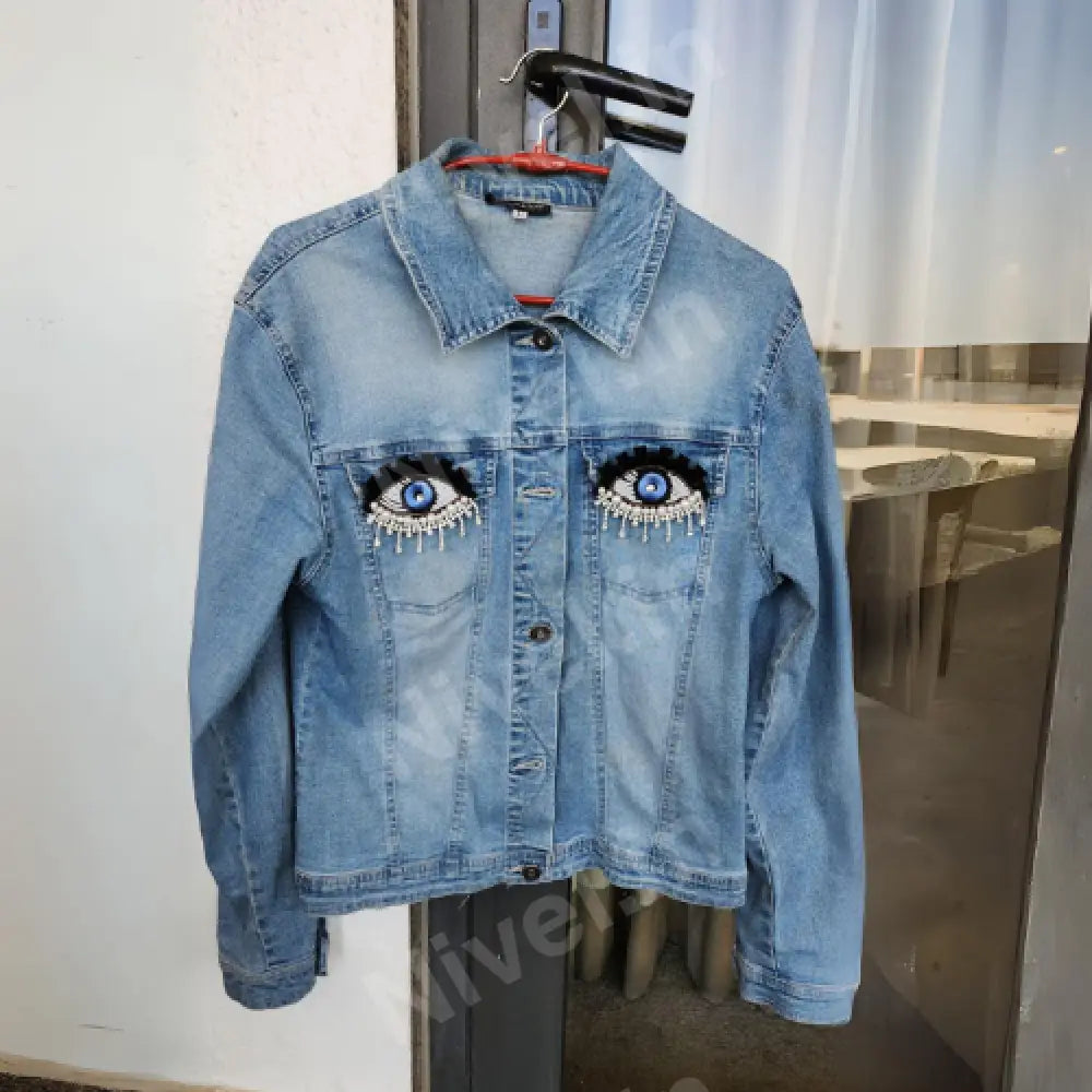 Women’s Blue Denim Jacket With Evil Eye Sequence Beads Work By Nivel Bags