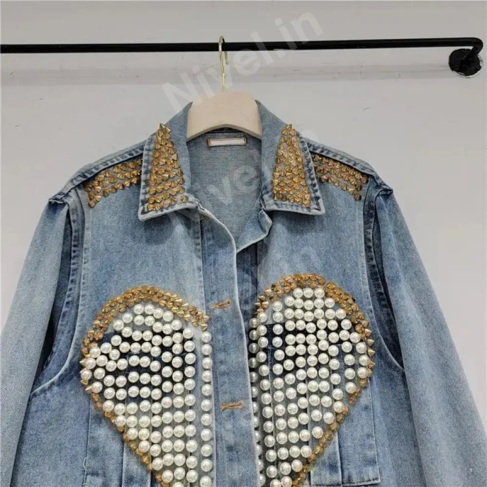 Women’s Blue Denim Jacket With Sequence Beads And Pearl Work By Nivel Bags