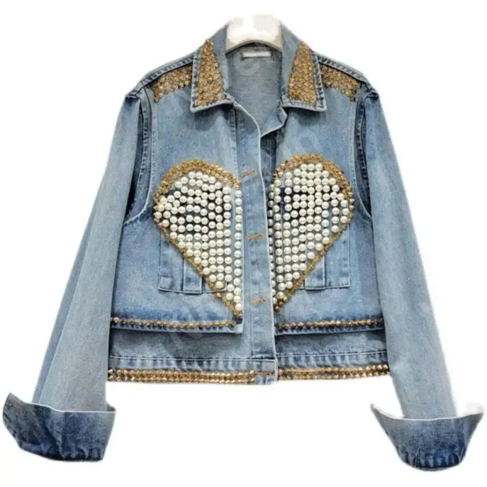 Women’s Blue Denim Jacket With Sequence Beads And Pearl Work By Nivel Bags