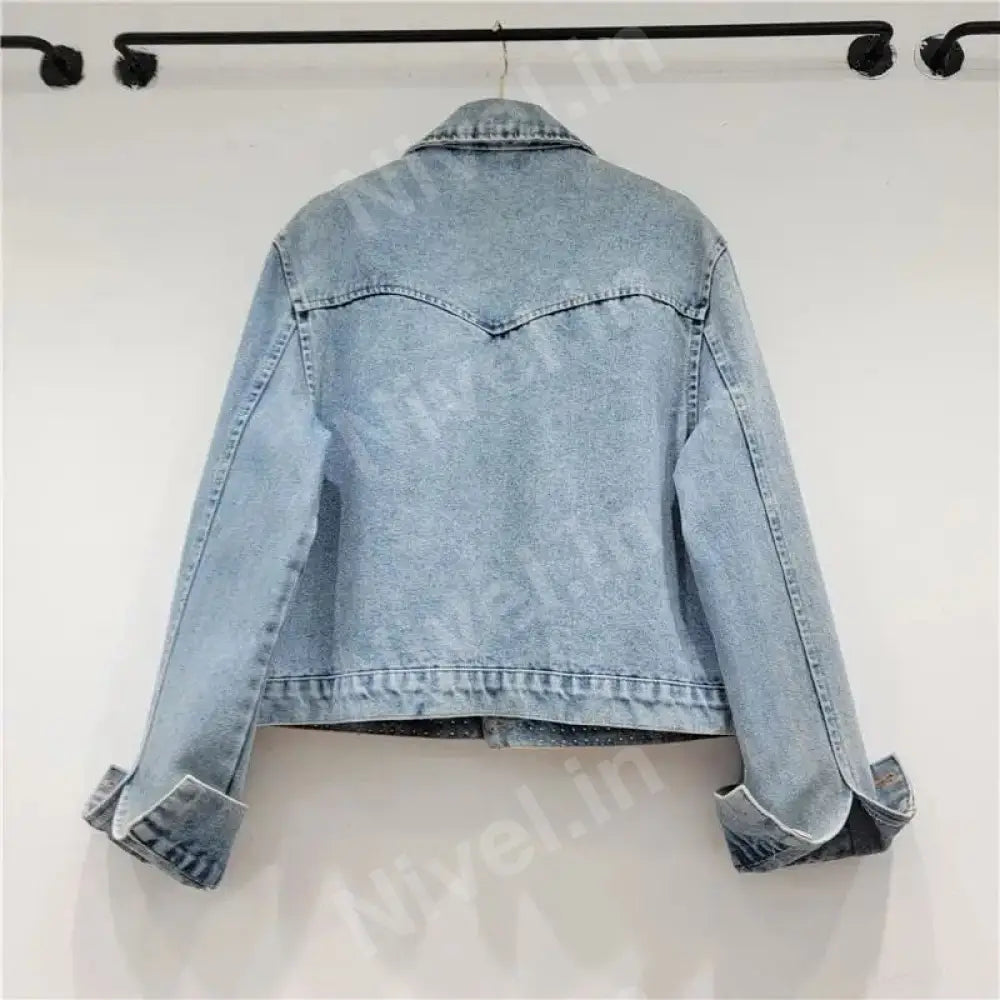 Women’s Blue Denim Jacket With Sequence Beads And Pearl Work By Nivel Bags