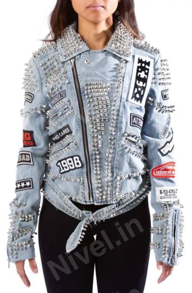 Women’s Blue Denim Jacket With Spikes & Cool Patches By Nivel Bags