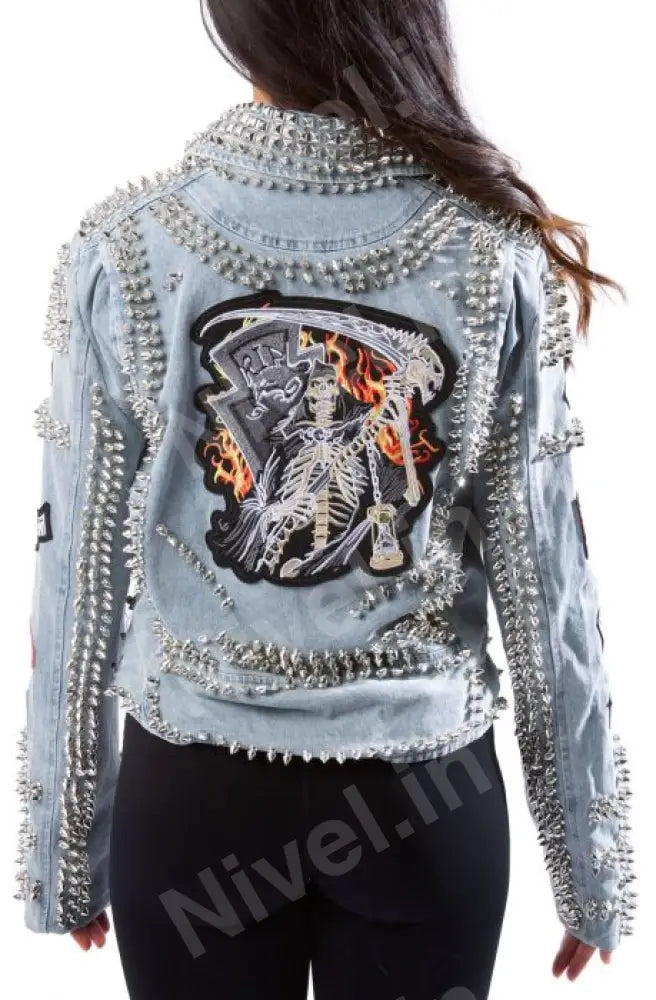 Women’s Blue Denim Jacket With Spikes & Cool Patches By Nivel Bags