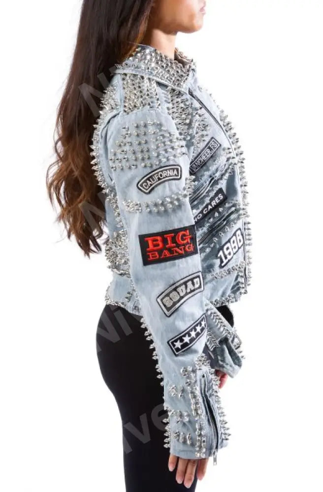 Women’s Blue Denim Jacket With Spikes & Cool Patches By Nivel Bags