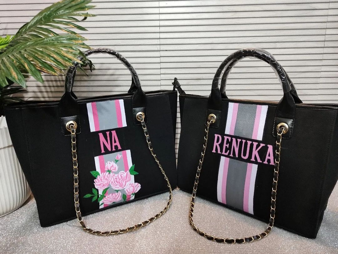 Nivel Premium Customised Black Bag with White, Grey & Pink Stripes