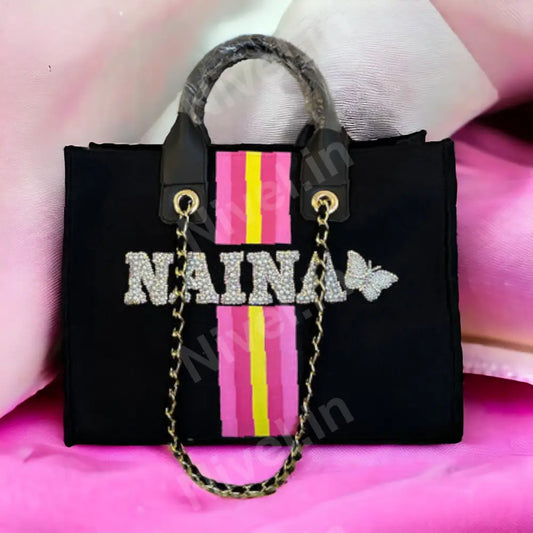 Nivel Black Premium Customised Tote Bag With Pink & Yellow Stripes