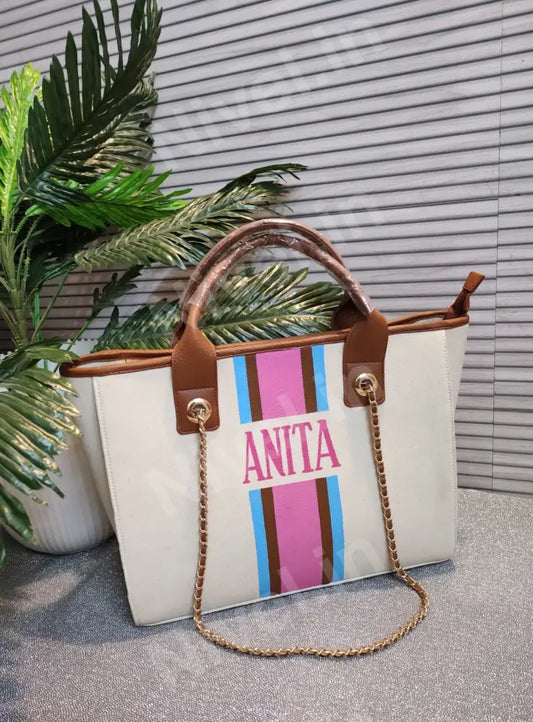 Nivel Off - White Customised Tote Bag With Sky Blue Brown And Pink Stripes Off - White