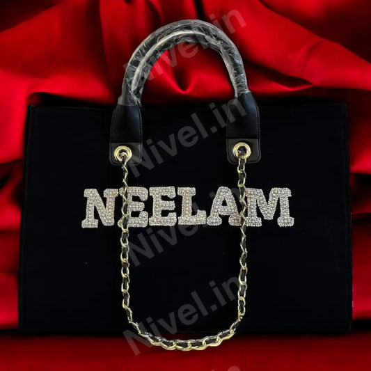 Nivel Premium Pearlet Canvas Customised Tote Bag For Women (Black)