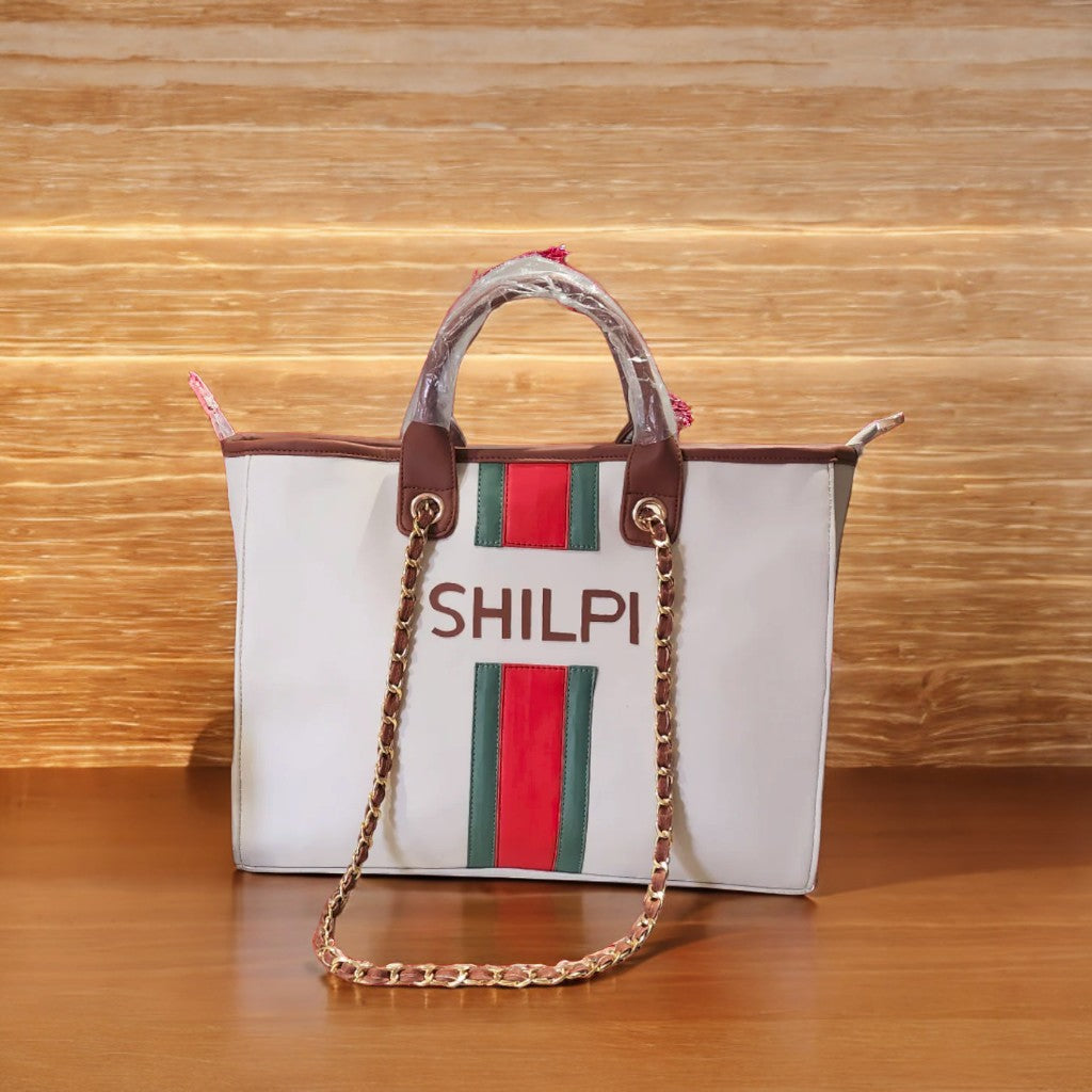 Nivel Off-white Customised Tote Bag with red and green stripes (customised)