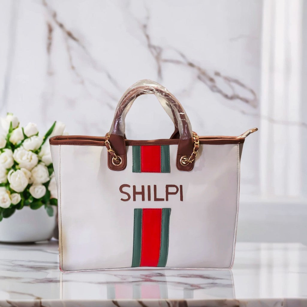 Nivel Off-white Customised Tote Bag with red and green stripes (customised)